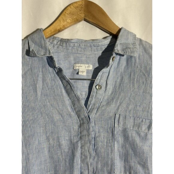 J. Jill Love Linen Blue White Stripe 100% Linen Partial Button Popover Blouse M - Picture 6 of 9